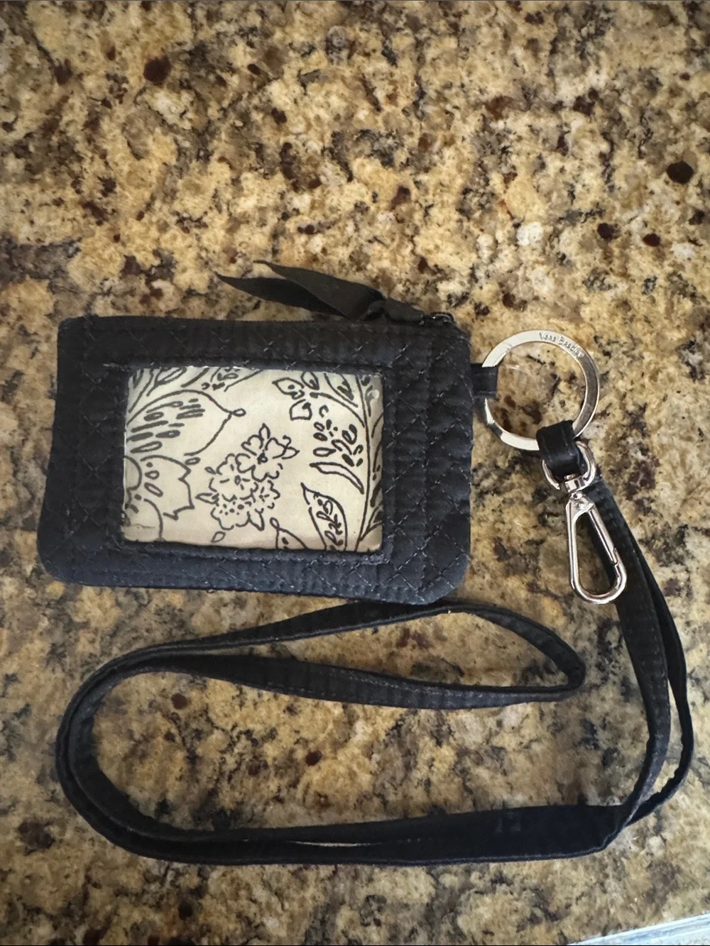 Vera Bradley Black Quilted ID Lanyard Badge Holder with Key Ring